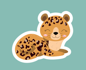 Tropical leopard sticker. Predator and mammal, adorable and cute character. Toy or mascot for children. Minimalist creativity and art. Predator in jungle, wild life. Cartoon flat vector illustration