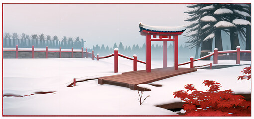 Drawing of Chinese red wooden gates in winter. The culture of Asia.