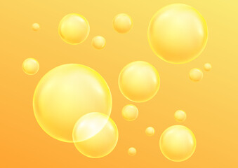 Golden, yellow oil drops, bubbles vector illustration on transparent background. Oil and water bubbles background.