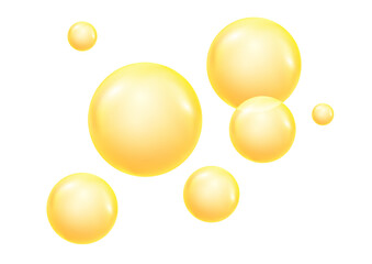 Golden, yellow oil drops, bubbles vector illustration on transparent background. Oil and water bubbles background.