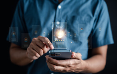 Man hand giving five stars to service Quality assurance, Guarantee, Standards, ISO certification and standardization concept. best quality of product and service.