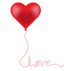 Obraz na płótnie Canvas Balloon a red heart. Text of love. Vector realistic 3d object.Happy valentines day, women day holiday, dating invitation, wedding or marriage greeting card design. Vector romantic flying balloon