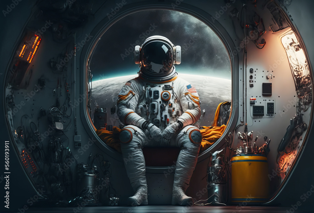 Wall mural a space astronaut sitting inside a space rocket. side profile. generative ai