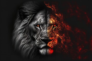 Lion King in Fire, Wild Animal, Portrait on Black Background. Generative Ai