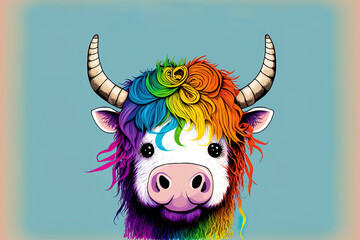 Cute cow (Hairy Coo) wearing headphones with unicorn horns and long, rainbow colored hair. Lettering quote I am so amazing. T shirt design, joke card, and hand drawn print. Image in format. Generative - obrazy, fototapety, plakaty