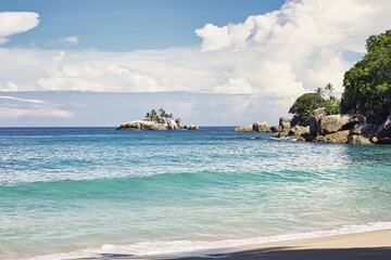 Beach with trees and waves plusl'iclot island