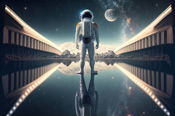 Cosmonaut glances into space, which is filled with billions of stars and galaxies, while standing on a bridge of reflected stars. finding new planets. Generative AI