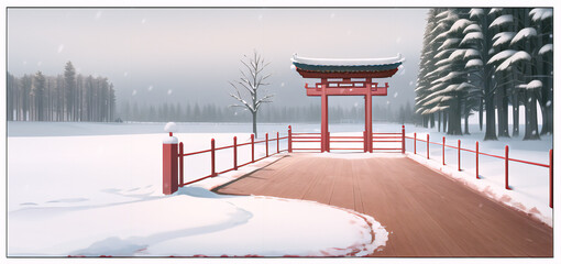 Drawing of Chinese red wooden gates in winter. The culture of Asia.