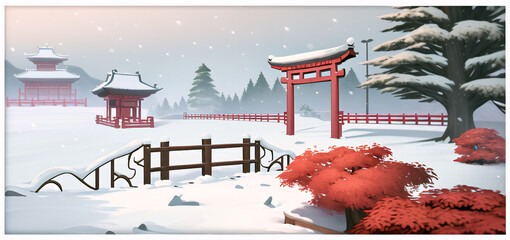 Drawing of Chinese red wooden gates in winter. The culture of Asia.