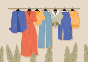 Clothes on rope. Poster or banner for website. Wet clothes shrink after washing. Household chores and routine. Outdoor things. Dresses, jeans, blouses and shirts. Cartoon flat vector illustration