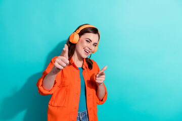 Photo of cheerful lady wear stylish clothes hands showing you advise choose quality earbuds empty...