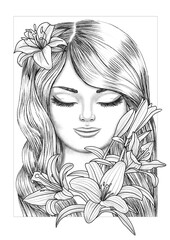 Coloring Page with Grayscale Portrait of Beautiful Woman with Flowers For Kids and Adults . Flower Woman Coloring Page.
Monochrome image of woman with long curly hair. 