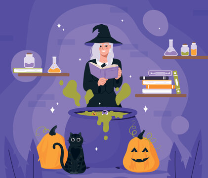 Halloween hocus pocus. Witch with book stands in front of potion and reads spell. Imagination and fantasy. Feast of fear and horror. Magic and sorcery concept. Cartoon flat vector illustration