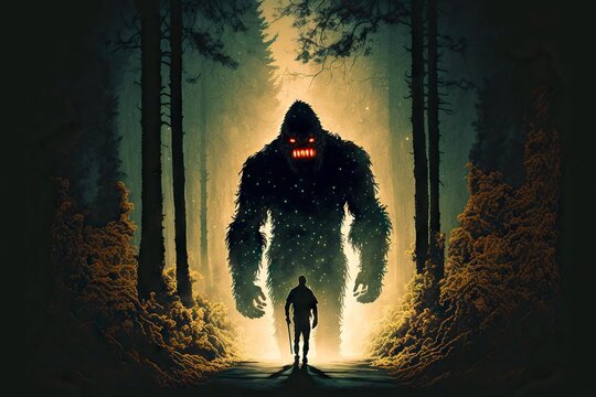 Forest Monster With Bigfoot On Lighted Forest Path Among Trees