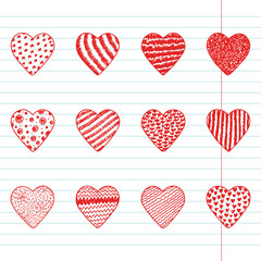 Hearts Set. Red Hearts icons. Hand drawn doodles Vector illustration. Happy Valentine's day.