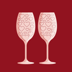 Two empty wine glasses ornate with hearts. Valentines day concept. Vector illustration