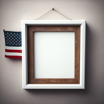 blank white frame on the wall with american flag