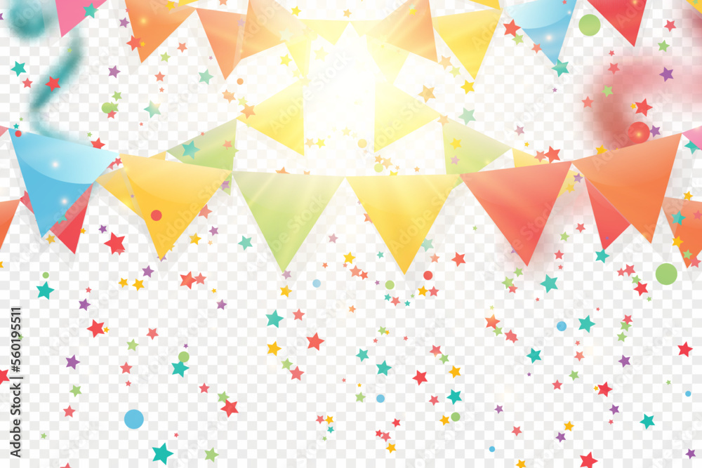 Poster Lots of colorful tiny confetti and ribbons on transparent background. Festive event and party. Multicolor background.Colorful bright confetti isolated on transparent background.