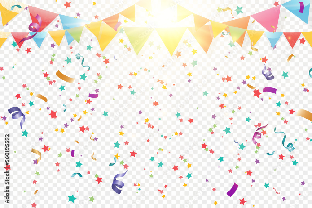 Poster Lots of colorful tiny confetti and ribbons on transparent background. Festive event and party. Multicolor background.Colorful bright confetti isolated on transparent background.