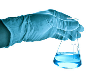 Flask in scientist hand in blue tone on transparent background