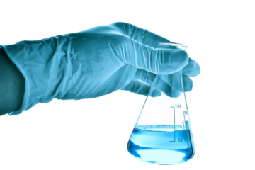 Flask in scientist hand in blue tone on transparent background