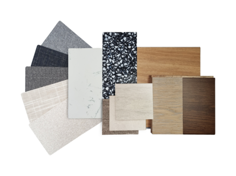 interior material samples contains wooden engineering and vinyl flooring tiles, terrazzo stone, white marble, stone tiles, fabric laminate palette isolated on background with clipping path.