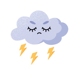 Cute rain icon. Cloud with lightning, symbol of bad weather and storms, autumn season. Toy or mascot for children. Poster or banner. Template, layout and mockup. Cartoon flat vector illustration