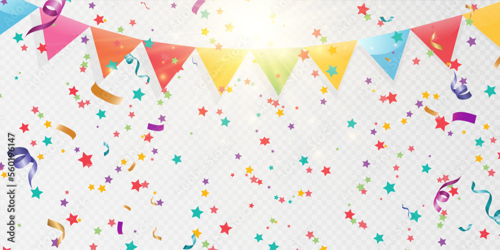Poster Lots of colorful tiny confetti and ribbons on transparent background. Festive event and party. Multicolor background.Colorful bright confetti isolated on transparent background.