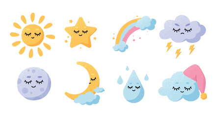 Weather icons set. Collection of stickers for social networks and messengers. Rain, clouds, rainbow, moon and sun. Day and night. Cartoon flat vector illustrations isolated on white background