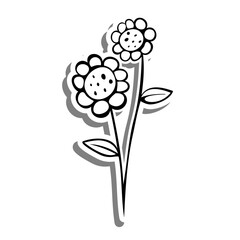 Black line doodle two flowers on white silhouette and gray shadow. Hand drawn cartoon style. Vector illustration for decorate and any design.
