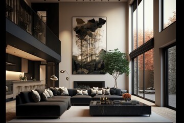 A modern living room, in a minimalist millenium crib, high ceiling and filled with black and gold color as the wall blend in with the design of the furniture.	