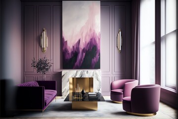A modern living room, in a minimalist millenium crib, high ceiling and filled with warm purple and pink colour as the wall blend in with the design of the furniture.	