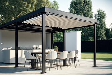 Modern patio furniture include a pergola shade structure, an awning, a patio roof, a dining table, seats, and a metal grill. Generative AI - obrazy, fototapety, plakaty