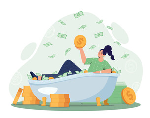 Money bath concept. Woman lies with gold coin in hand. financial literacy and passive income. Poster or banner for website. Successful Entrepreneur os businesswoman. Cartoon flat vector illustration