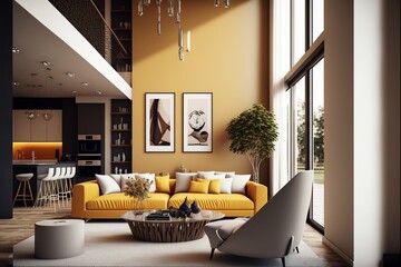 	
A modern living room, in a minimalist millenium crib, high ceiling and filled with warm yellow and khaki colour as the wall blend in with the design of the furniture.