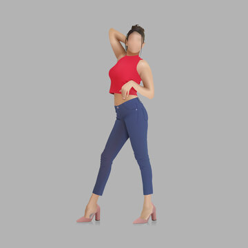 Faceless Fashion model. Dummy figure style display. Character vector illustration. Women in heels posing. Jeans and red top dress exhibit.