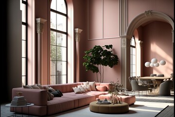A modern living room, in a minimalist millenium crib, high ceiling and filled with warm pink and khaki colour as the wall blend in with the design of the furniture.	