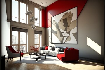 A modern living room, in a minimalist millenium crib, high ceiling and filled with warm red and khaki colour as the wall blend in with the design of the furniture.	