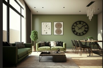 A modern living room, in a minimalist millenium crib, high ceiling and filled with warm green and khaki colour as the wall blend in with the design of the furniture.	