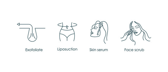 exfoliate, liposuction, skin serum, face scrub icon set vector illustration 