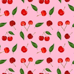 Seamless pattern with red cherries and leaves on a pink background, digital drawing.