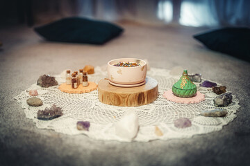 Cacao ceremony space, heart opening medicine. Shaman altar. Crystal Healing Decor.