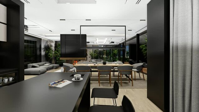 4K video rendering of modern cozy interior with living,dining zone stair and kitchen for sale or rent with wood plank by the sea or ocean. Spacious apartments with expensive furniture and equipment.