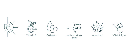 spf 50, vitamin c, collagen, alpha hydroxy acid, aloe vera, glutathione icon set vector illustration 