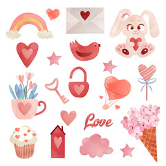 Watercolor cute items and elements for Valentine's Day cards: heart, sweets, hare, flowers, key, candy, letter, hearts, rose, lollipop