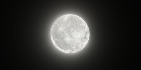 Full moon glowing on black sky 3d rendering illustration