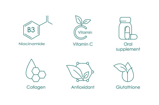 niacinamide, vitamin c, oral supplement, antioxidant, glutathione icon set vector illustration 