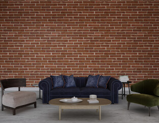 Modern living room with sofa and brick wall