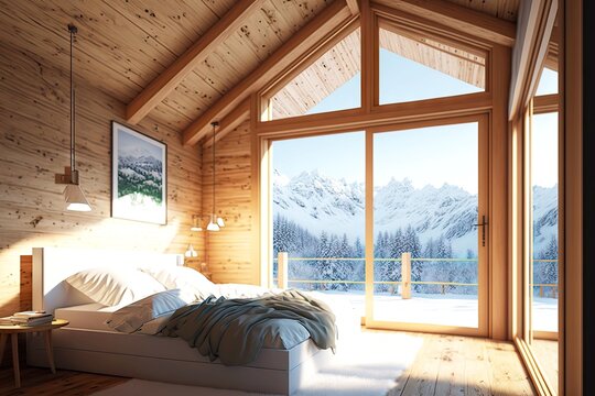 chalet interior of cozy bedroom with white wooden bed and with terrace on mountains:chalet_new , made with generative ai