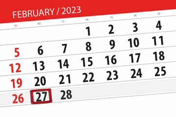 Calendar 2023, deadline, day, month, page, organizer, date, february, monday, number 27